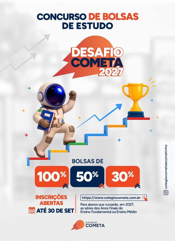 Arte oficial do Desafio Cometa 2027 com bolsas de 100%, 50% e 30%.